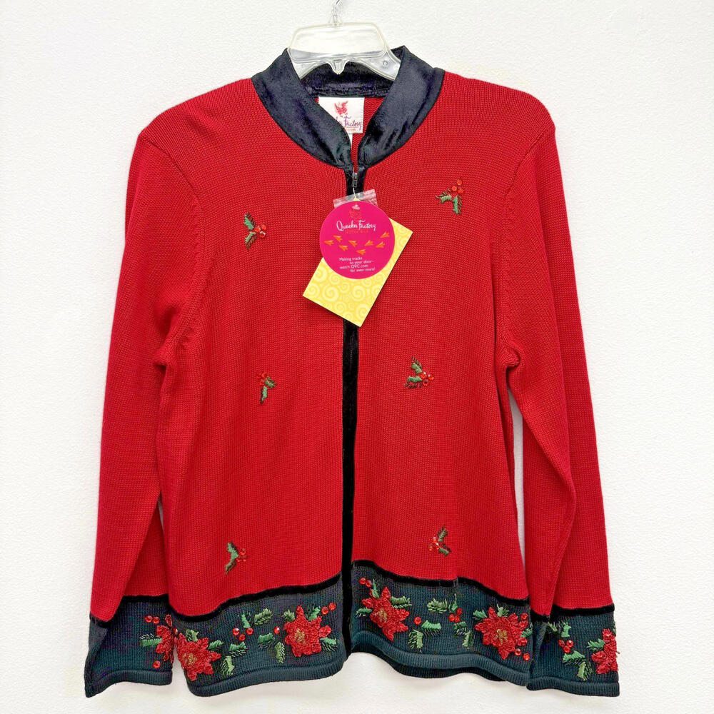 Quacker Factory Large Red Christmas Zip Up Cardigan Sweater Holly Poinsettia NWT